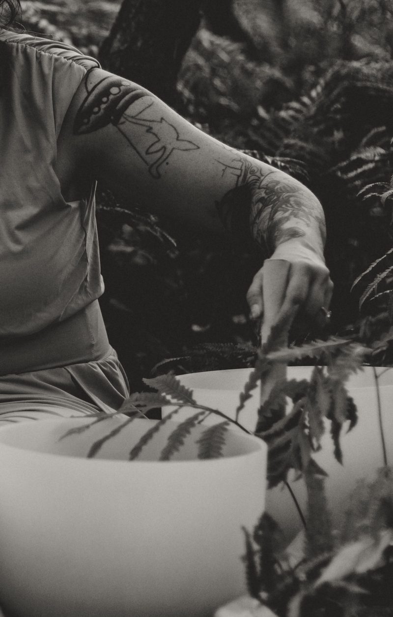 Black and white photograph of a hand lowering a mallet into a crystal singing bowl beside a fern frond