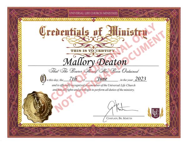 Ordination certificate, Mallory Bey, Universal Life Church, 2023